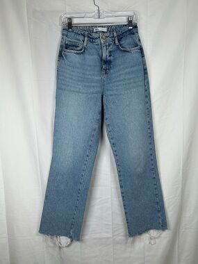 Zara Denim Collection High Rise Straight Leg Jeans Size 4 Blue Frayed Hem